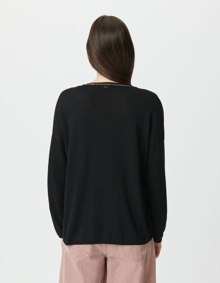 Pull noir tricot fin lurex encolure bijou Femme-4 Pull noir tricot fin lurex encolure bijou Femme-4