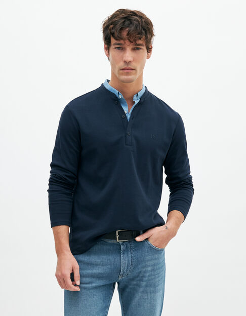 Men’s navy polo shirt with trompe-l'oeil collar