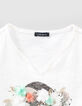 T-shirt blanc cassé avec couronne de fleurs 3D fille-3