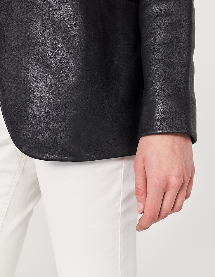 Veste mi- longue en cuir d'agneau noir femme-5