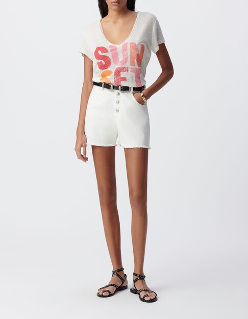 Tee-shirt col V blanc maxi message couleur Femme - IKKS