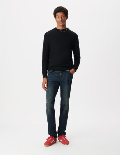 Pull noir col rond tricot 100% laine Homme - IKKS