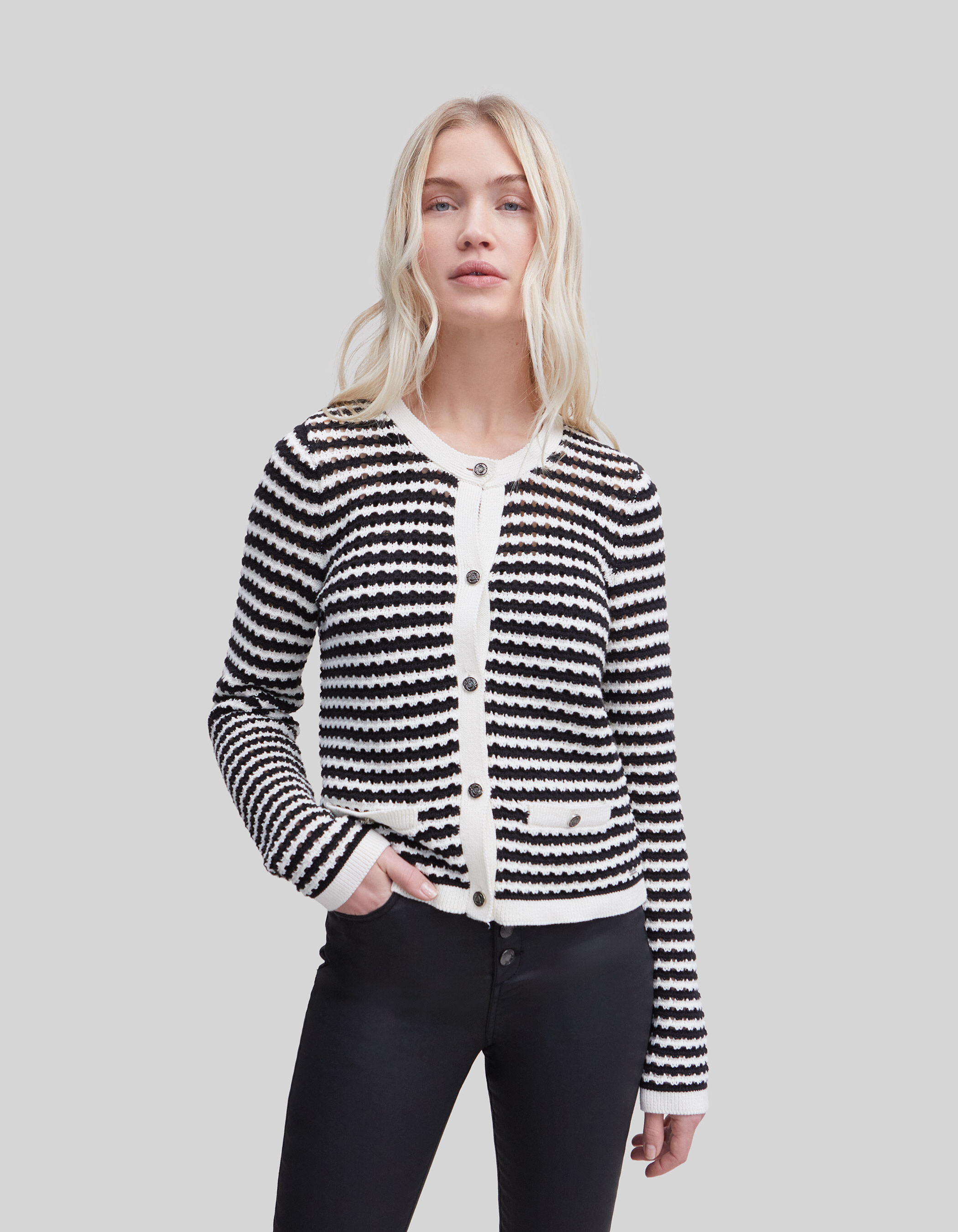 【ラッピング無料】 Women's navy IKKS cardigan sailor-stripe knit openwork トップス