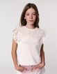 Pull écru tricot dentelle et volants brodés fille-1