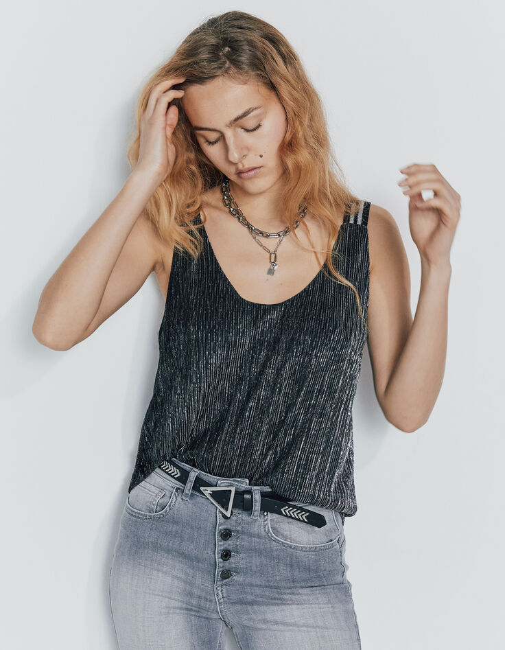 Women’s metallic black vest top with striped straps-2