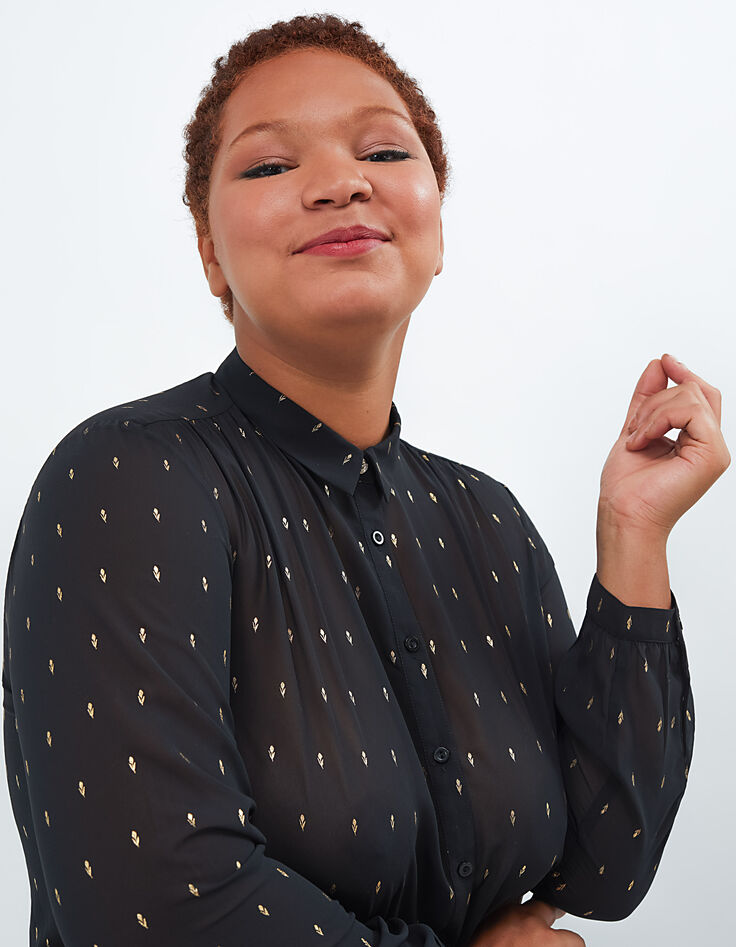 Schwarze Bluse mit goldfarbenen Foil-Blumen I.Code-1