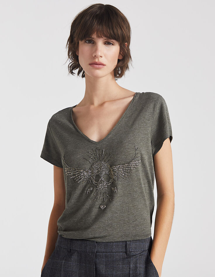 Tee-shirt col V kaki métallisé visuel tête de mort femme-1