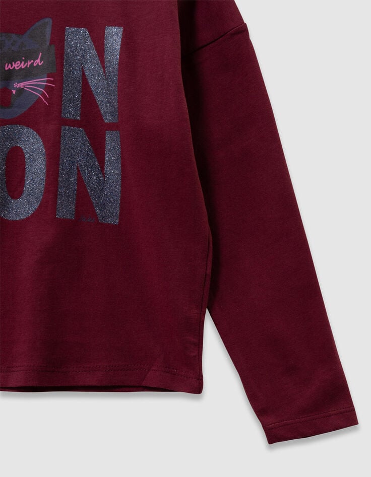 Bordeaux T-shirt biokatoen tekst en poes meisjes-8 Bordeaux T-shirt biokatoen tekst en poes meisjes-8
