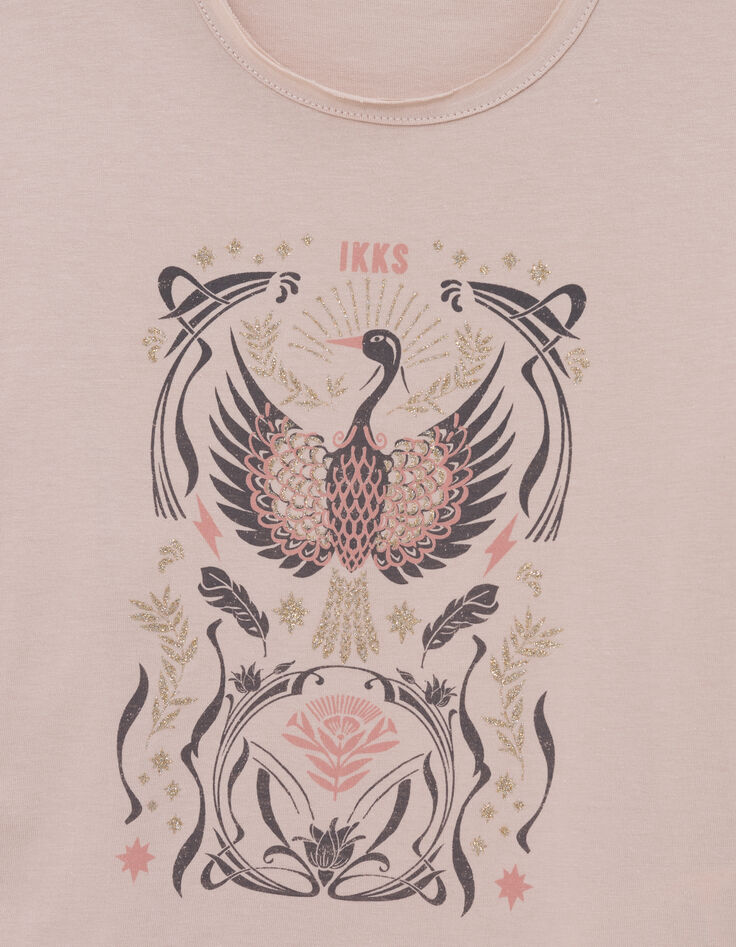 Camiseta de niña pájaro rosa con detalles dorados-2
