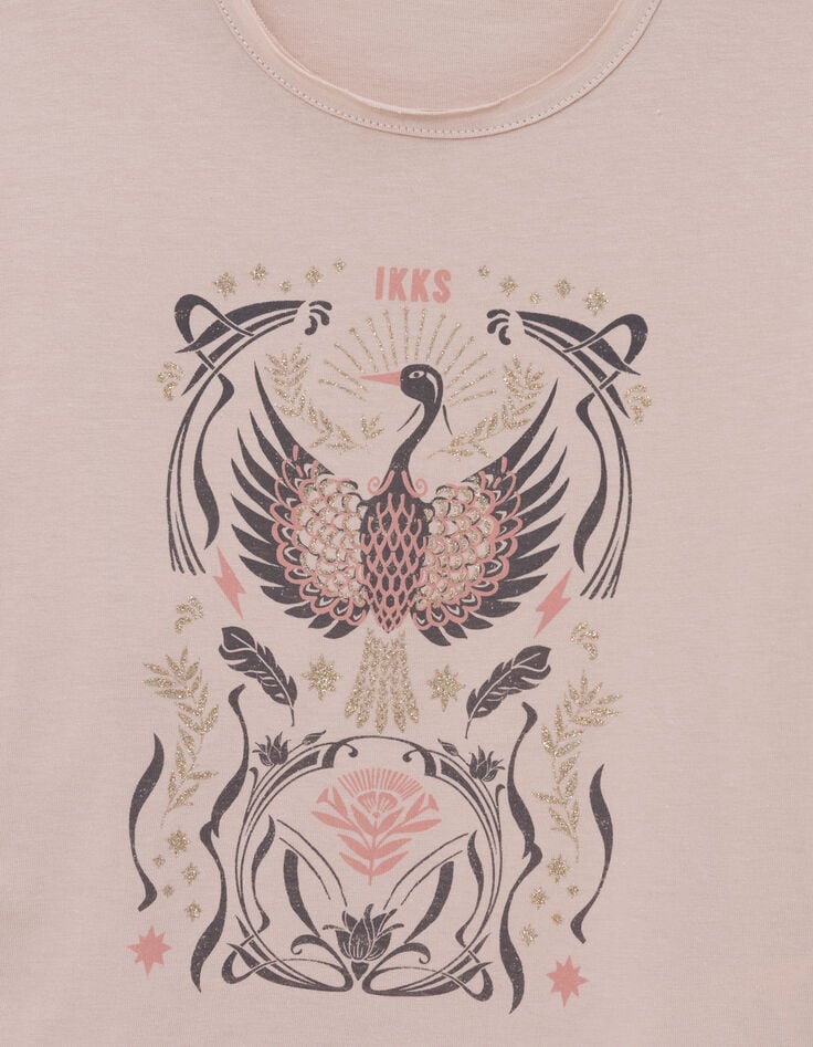 Camiseta de niña pájaro rosa con detalles dorados-2 Camiseta de niña pájaro rosa con detalles dorados-2