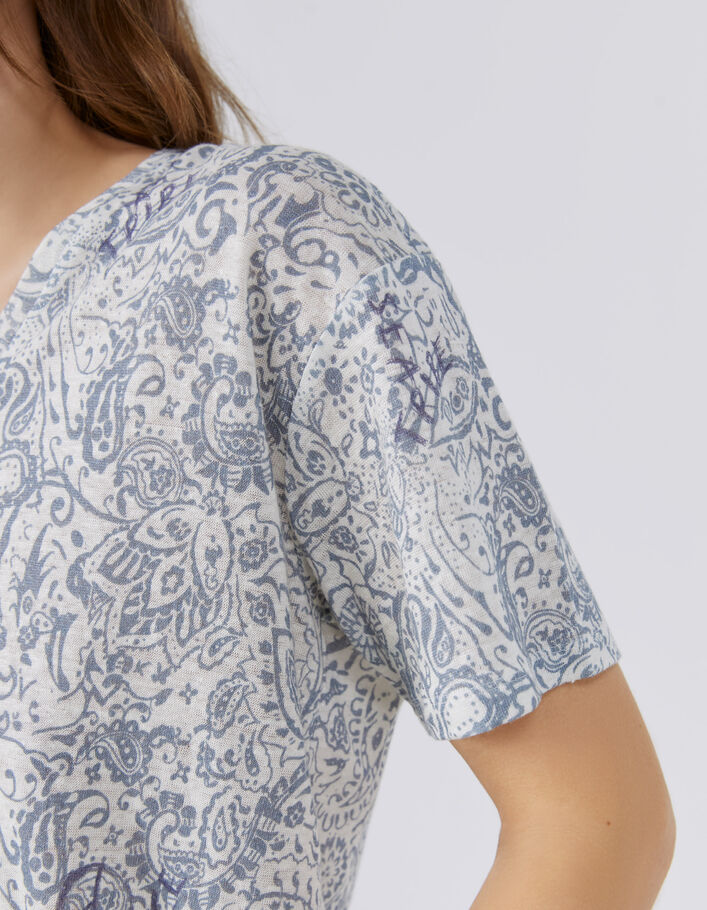 Women’s denim blue Bandana print soft linen knit T-shirt - IKKS