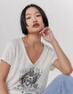 Tee-shirt écru en lin col V visuel message cœur ailé femme-4