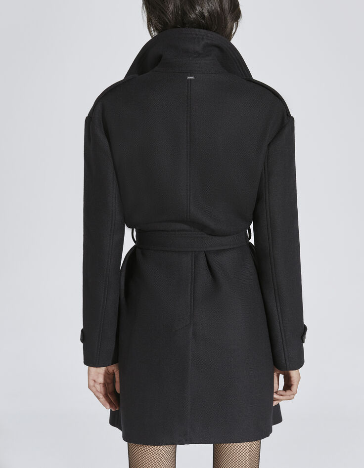 Trench long en mix laine et finitions faux cuir noir femme-2