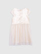 Ecru satin and embroidered bi-material dress for girls-3