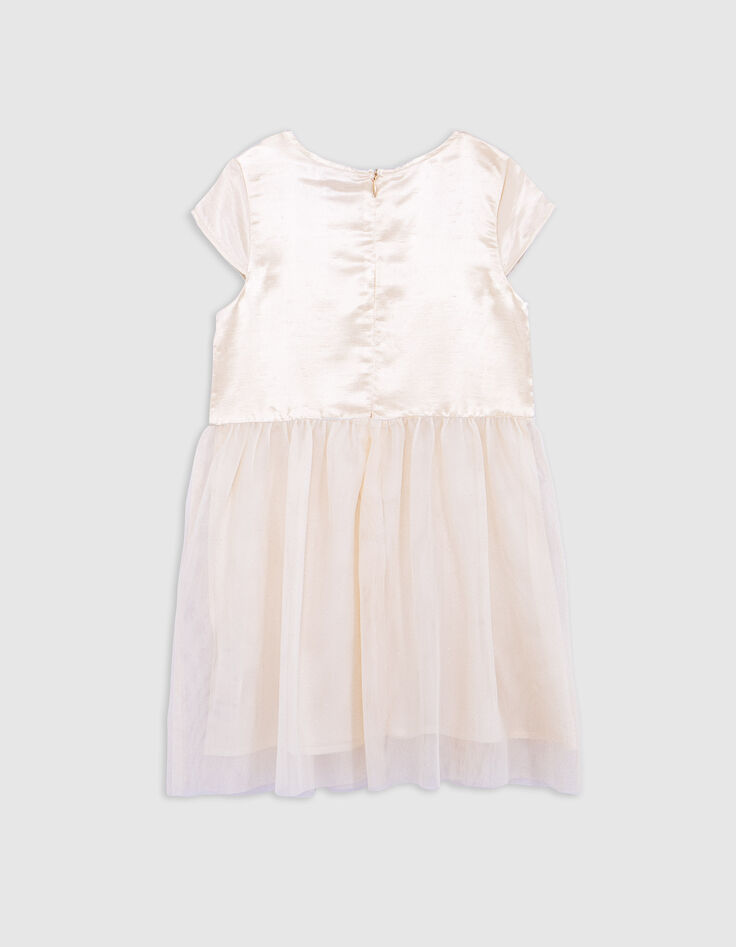 Ecru satin and embroidered bi-material dress for girls-3