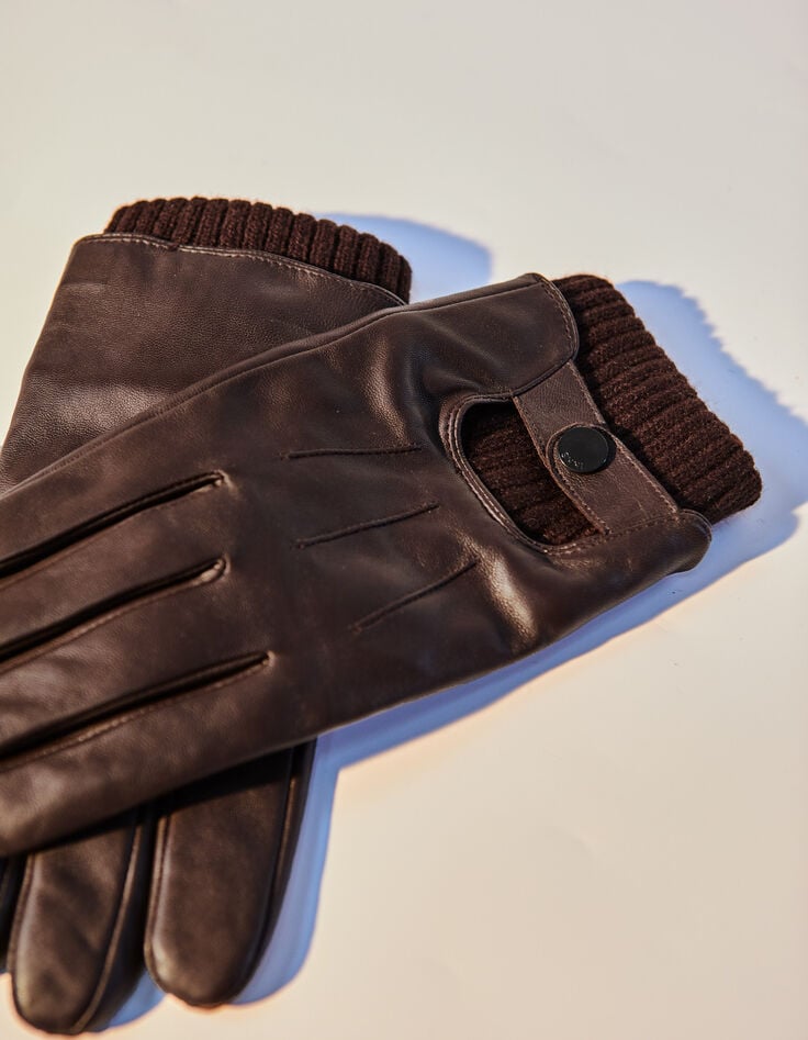 Guantes dark choco piel pu&ntilde;os acanalados hombre-1