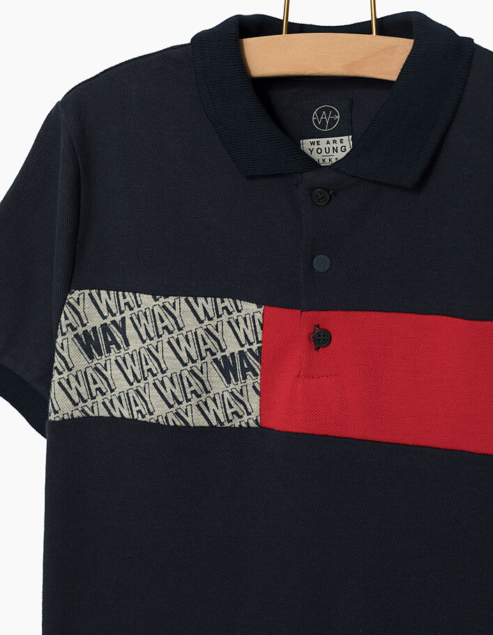 Boys’ navy polo with grey, white and red band  - IKKS