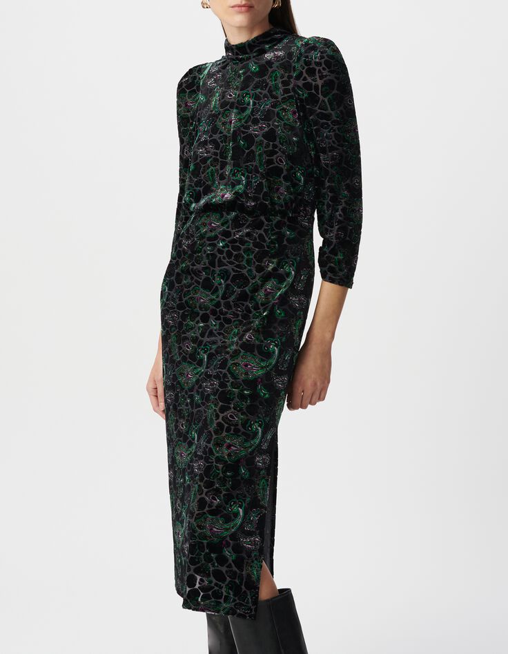 Robe noire imprimé cachemire baroque velours dévoré Femme-3