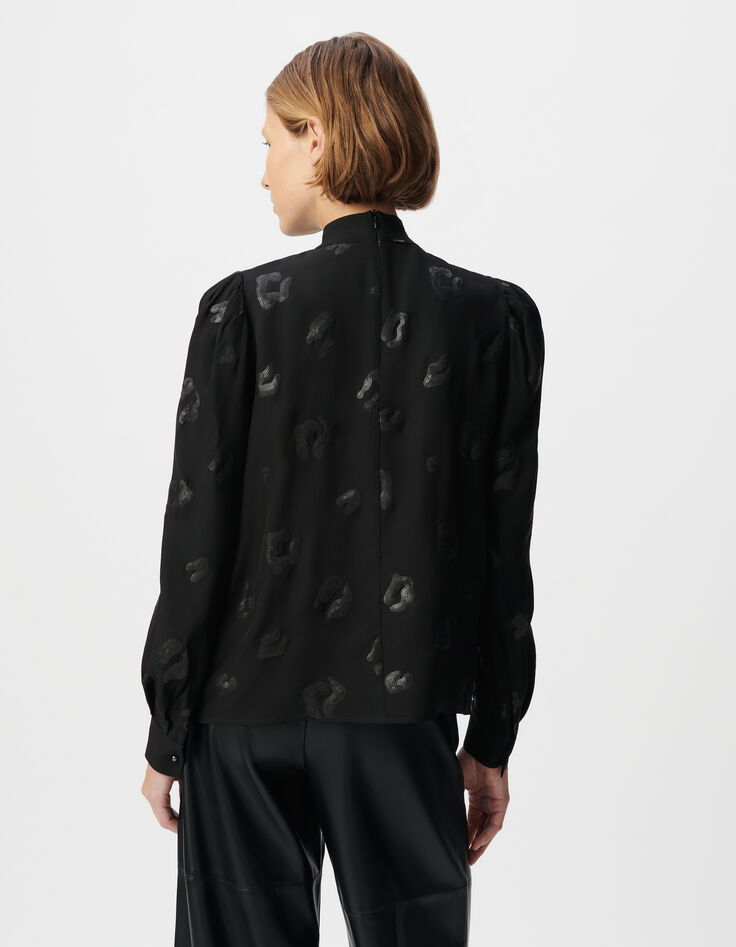 Blouse manche longue noire motif léopard brodé sequins Femme-3
