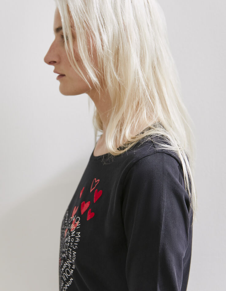 Tee-shirt en coton noir motif message et cœurs femme-4 Tee-shirt en coton noir motif message et cœurs femme-4