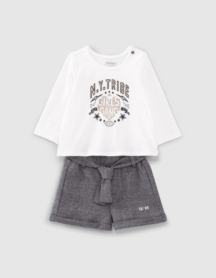 Baby girls’ ecru T-shirt and grey shorts outfit-3