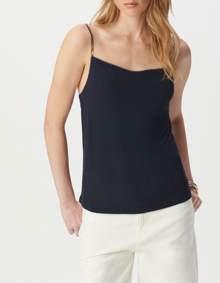 Navy top with draped neckline, pretty straps-5