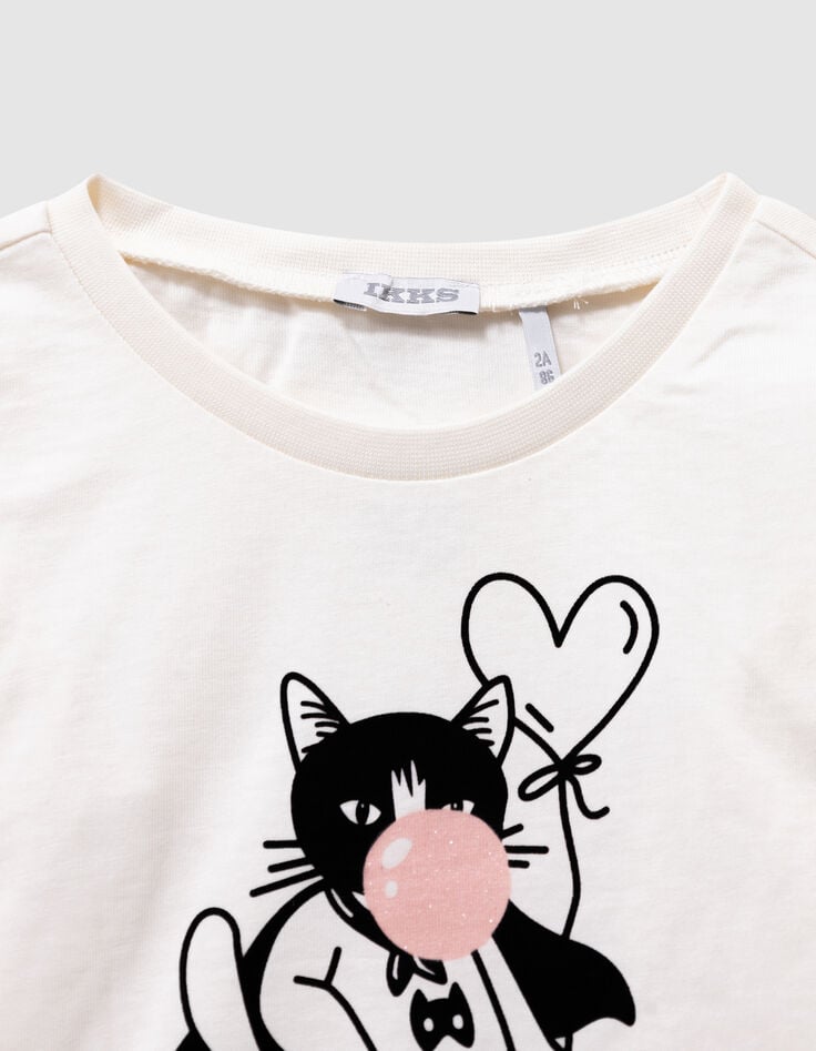 T-shirt manches longues écru super-chat fille-2 T-shirt manches longues écru super-chat fille-2