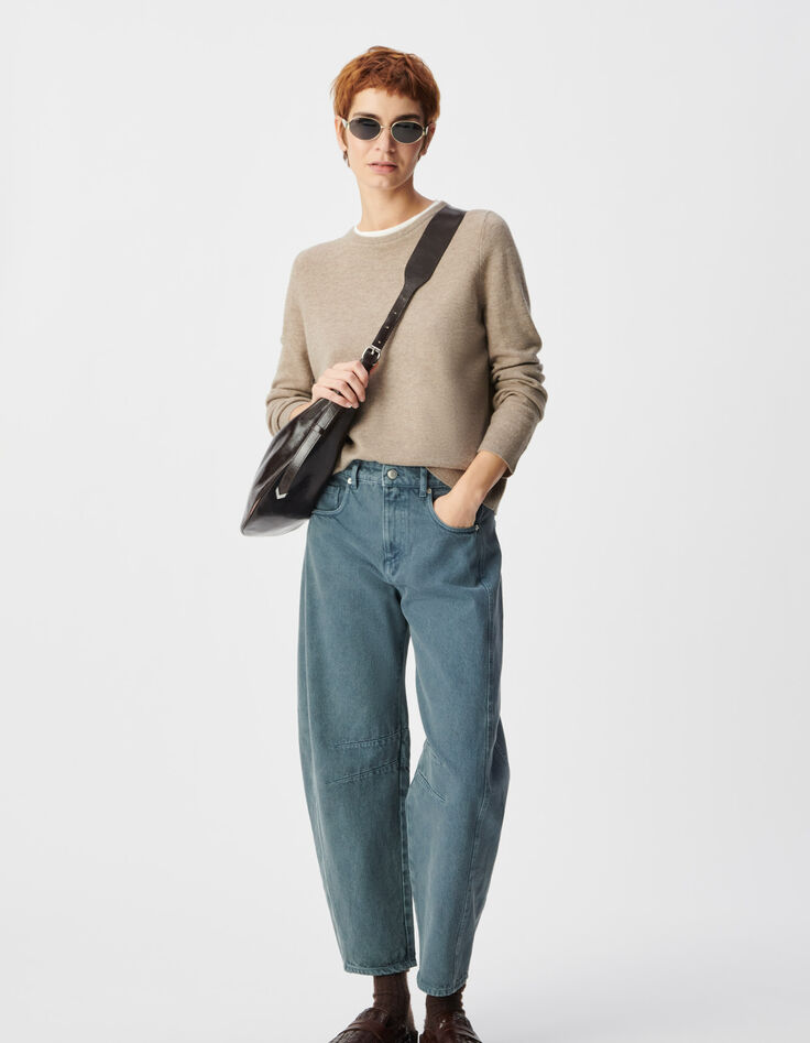 Beige wollen trui met trompe-l'oeil kraag Dames-1