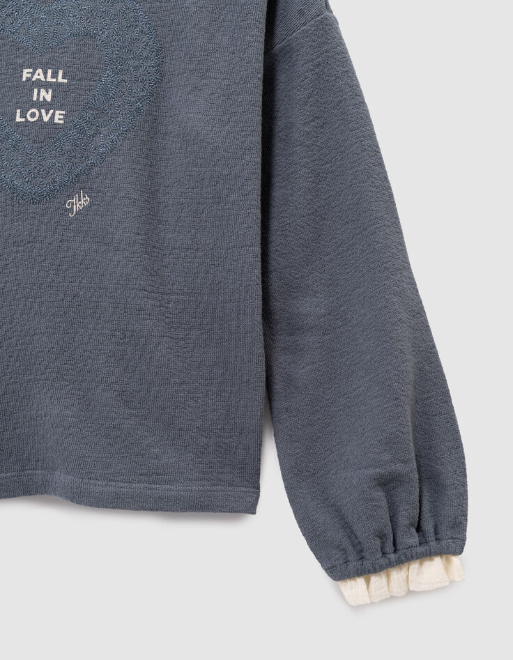 Girls’ blue embroidered long-sleeved T-shirt, ruff collar-4