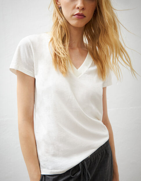 Camiseta blanco roto rayo bordado manga mujer