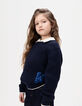 Blau Mädchenstrickpulli ecru Paillettenbuchstaben Kragen-1