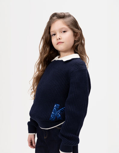 Blau Mädchenstrickpulli ecru Paillettenbuchstaben Kragen - IKKS