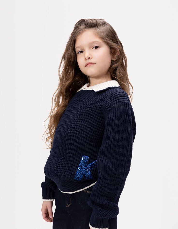 Jersey azul punto cuello crudo letra lentejuelas niña-1 Jersey azul punto cuello crudo letra lentejuelas niña-1