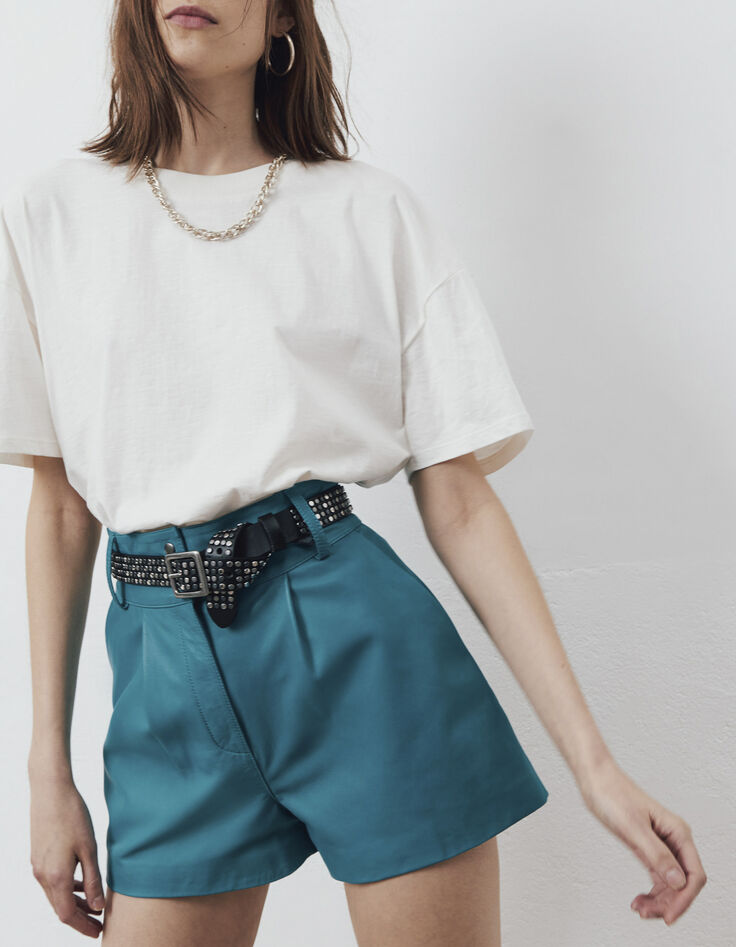 Short taille haute en cuir certifié bleu émeraude femme-2