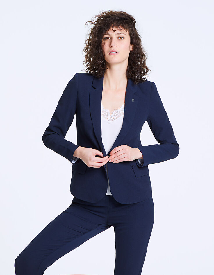 Veste tailleur mi-longue en crêpe marine femme-2