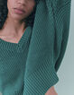 Jersey verde cuello V punto fantasía mujer-5