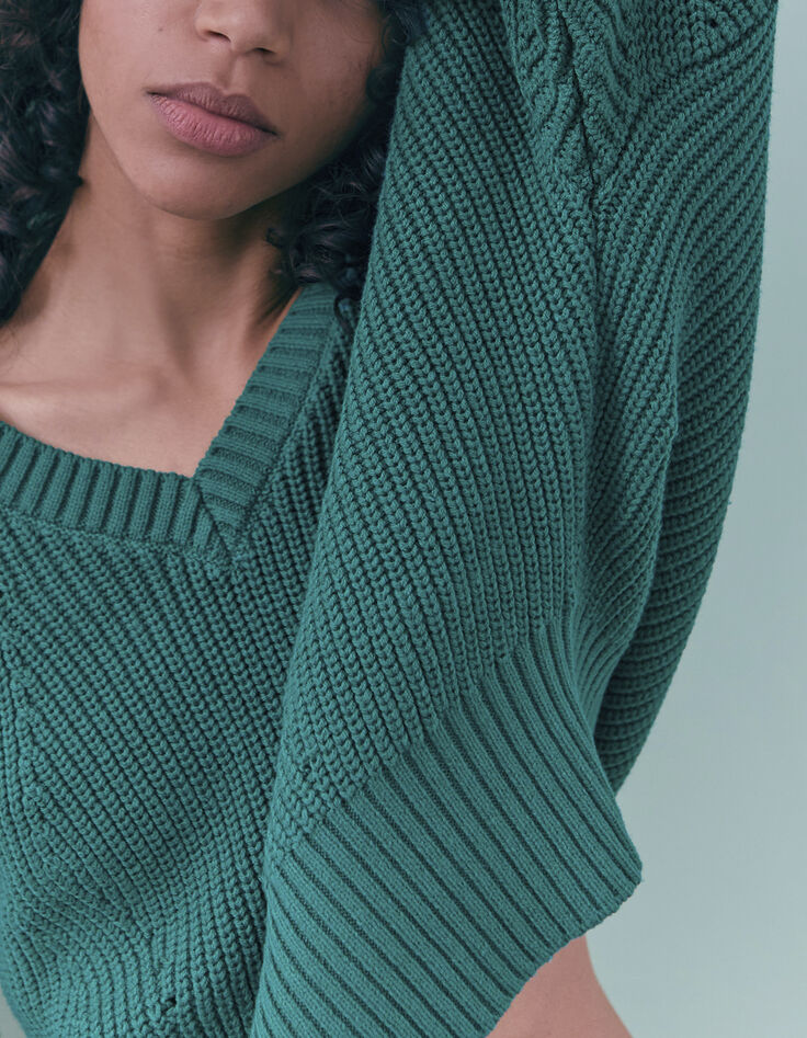 Jersey verde cuello V punto fantasía mujer-5