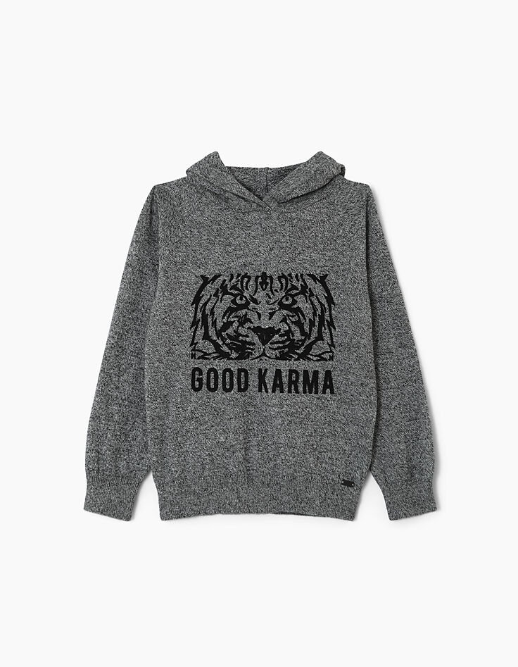 Pull gris chiné à capuche flocage tigre Good Karma garçon -2 Pull gris chiné à capuche flocage tigre Good Karma garçon -2