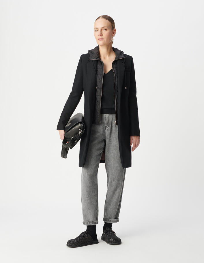 Manteau mi-long noir capuche matelassée amovible Femme