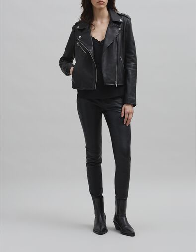 Veste cuir noir esprit motard broderie perle éclair Femme - IKKS