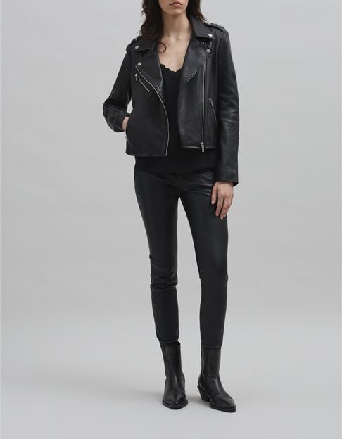 Veste cuir noir esprit motard broderie perle éclair Femme - IKKS