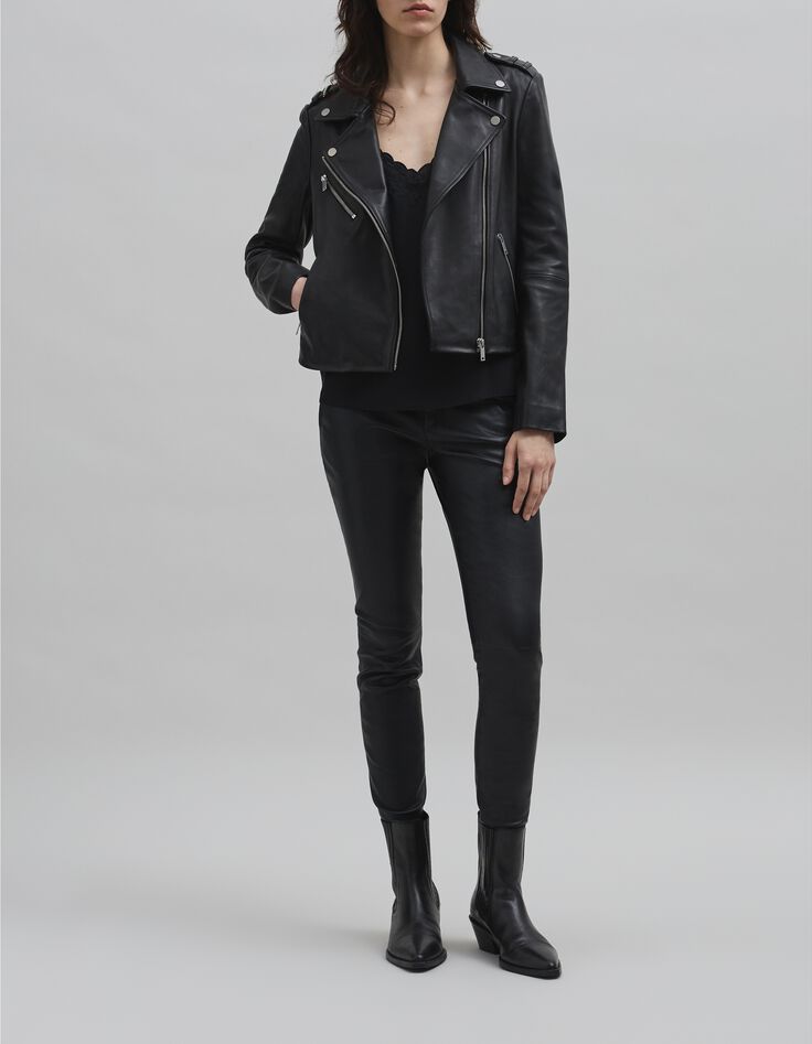 Veste cuir noir esprit motard broderie perle éclair Femme-1