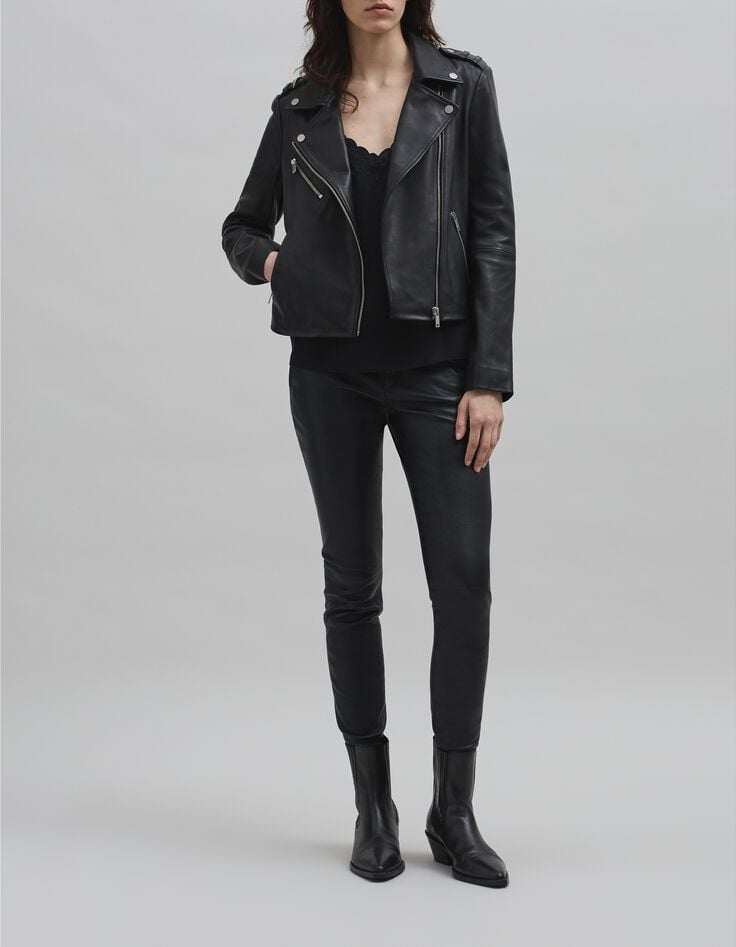 Veste cuir noir esprit motard broderie perle éclair Femme-1 Veste cuir noir esprit motard broderie perle éclair Femme-1