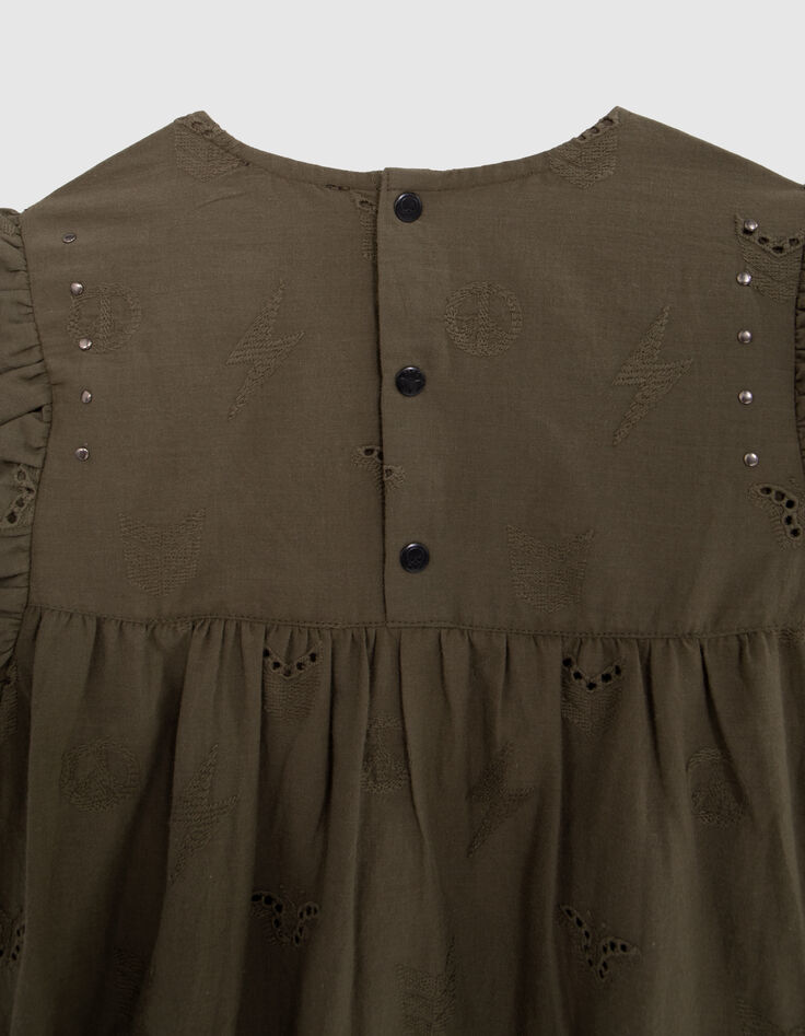 Kaki jurk, anglaise borduursel, legermotieven, meisje-6 Kaki jurk, anglaise borduursel, legermotieven, meisje-6