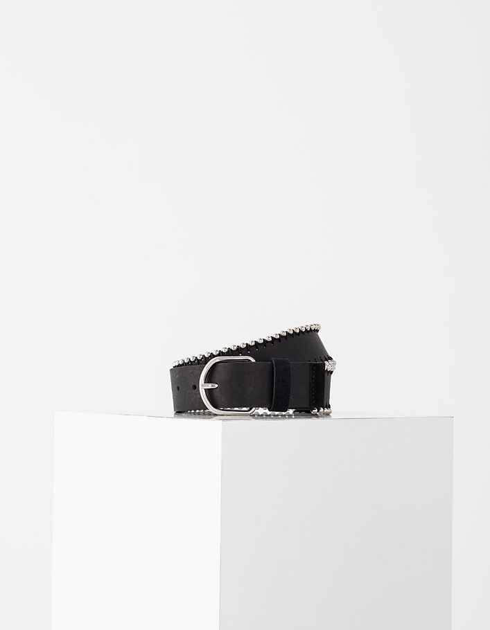 Wide black leather belt, beaded edging