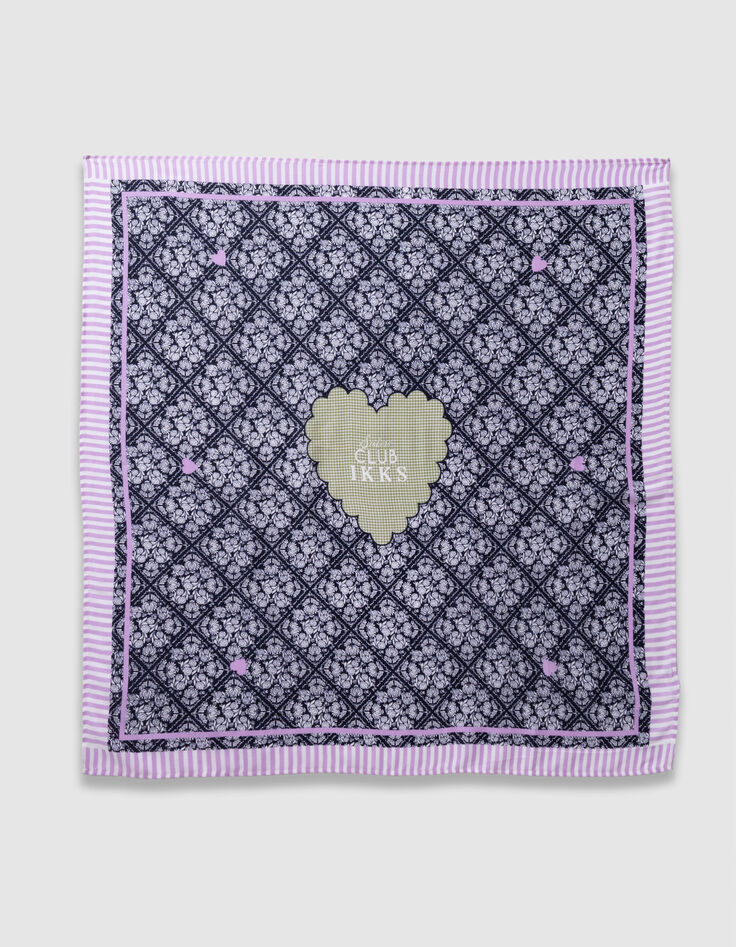 Foulard carr&eacute; marine imprim&eacute; floral et coeur vichy fille-4
