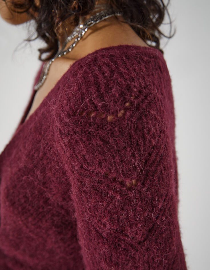 Pull réversible en maille ajourée bordeau femme-4
