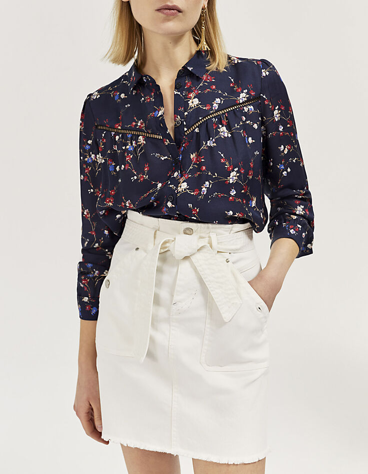 Jupe droite en denim blanc cassé avec ceinture femme-2