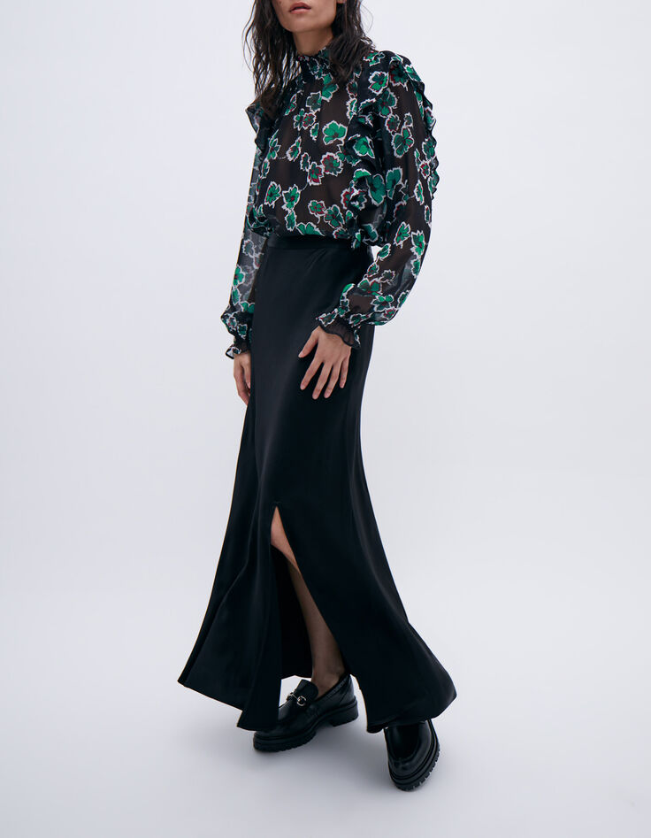 Lange zwarte rok in viscose met split Dames-2