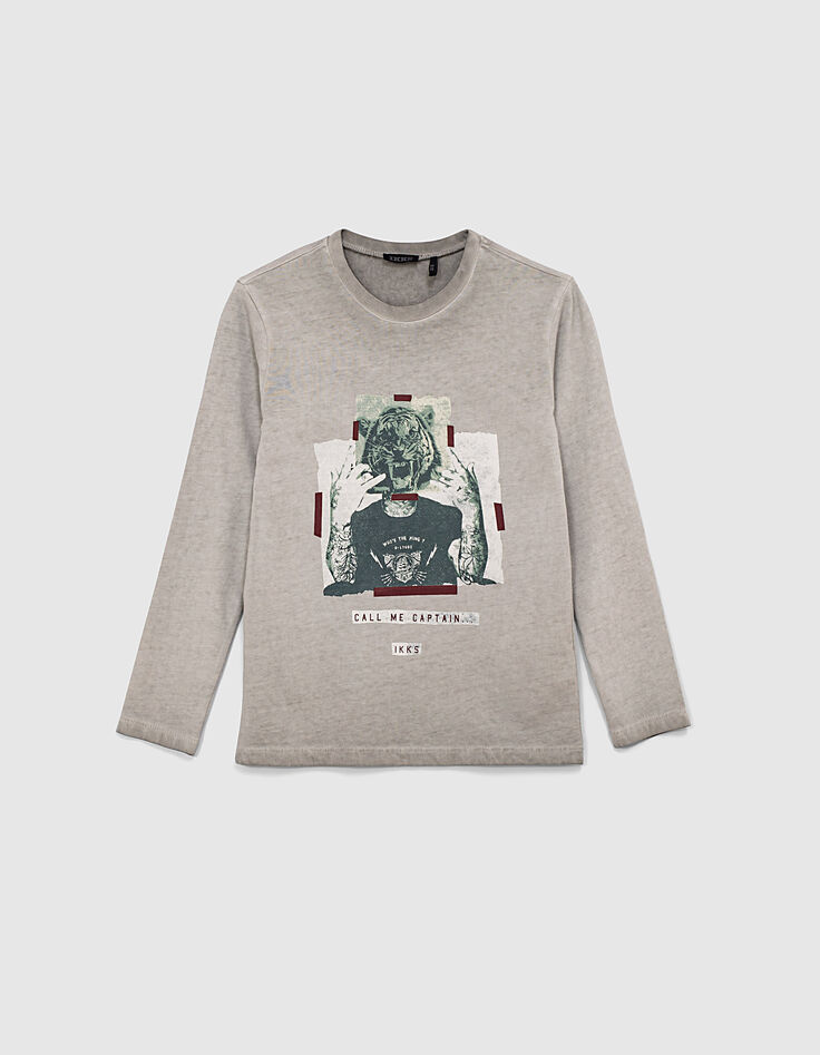 Gem&ecirc;leerd middengrijs T-shirt opdruk tijger jongens -2